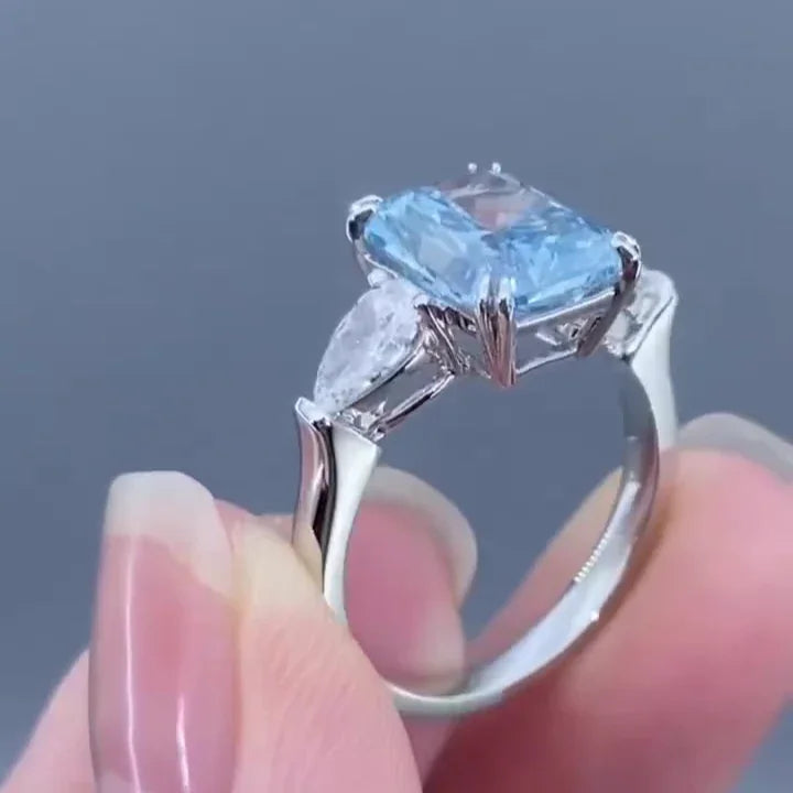 4.50 TCW Fancy Blue Radiant Lab Grown Diamond Engagement Ring | Pear Side Stone Design | IGI Certified 