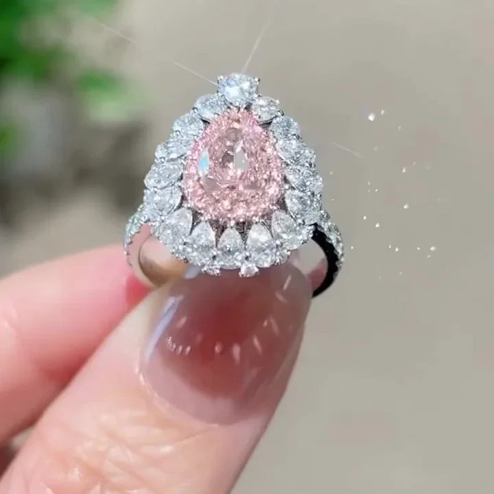 4.50 TCW Fancy Pink Pear Lab Grown Diamond Engagement Ring | Statement Halo Ring | IGI Certified 