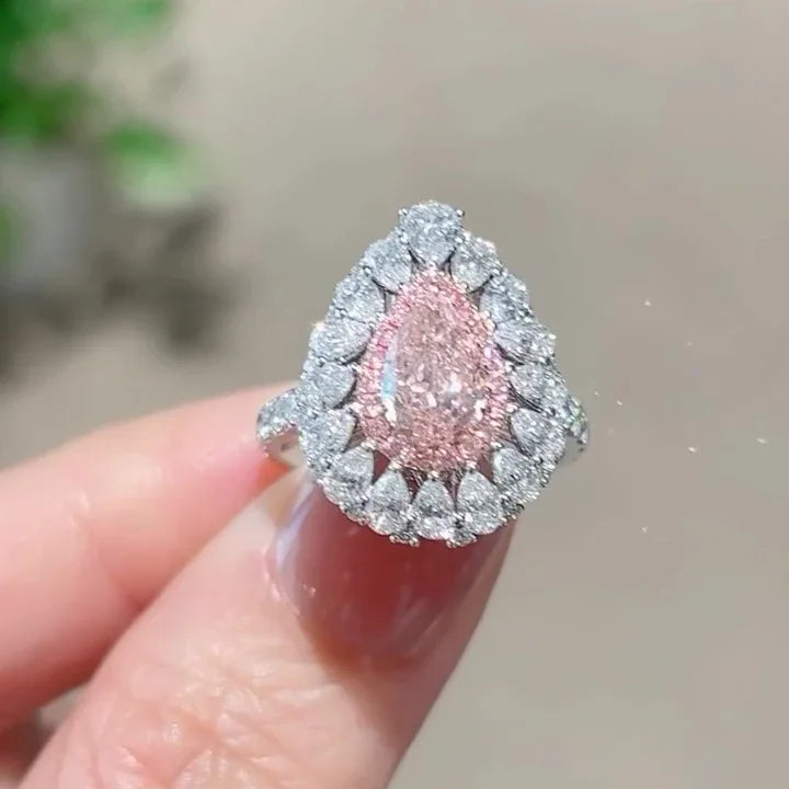 4.50 TCW Fancy Pink Pear Lab Grown Diamond Engagement Ring | Statement Halo Ring | IGI Certified 