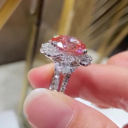 Elegant 4.50 TCW fancy pink round lab grown diamond ring halo IGI certified engagement wedding ring bridal jewelry luxury gift for her wife
