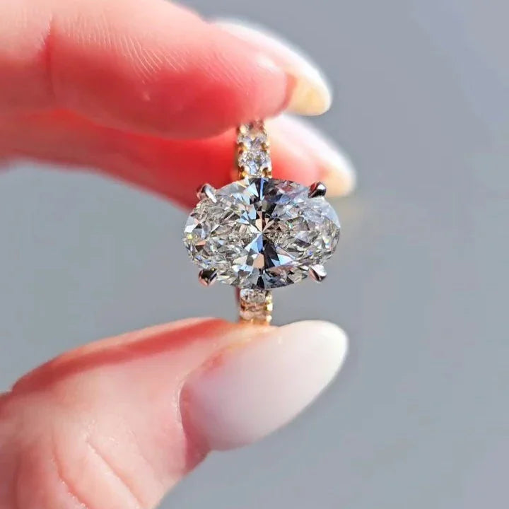 Oval 4.50 TCW lab grown diamond IGI certified engagement ring scalloped pavé band wedding ring bridal jewelry gift for her wife luxury ring
