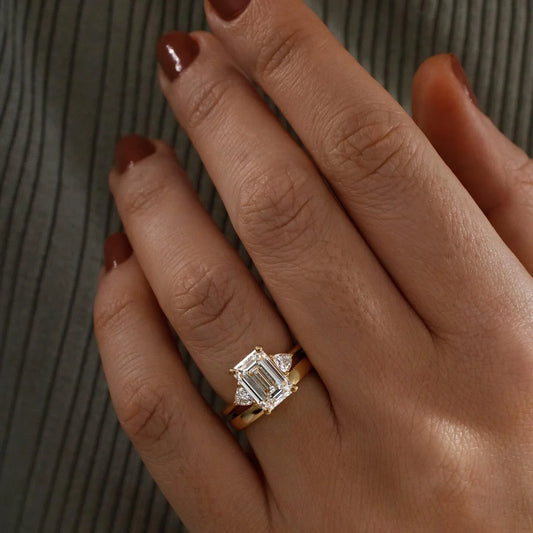 Emerald cut 4.50ct lab grown diamond engagement ring trillian side stones manilla setting minimalist wedding ring bridal jewelry gift for her wife

