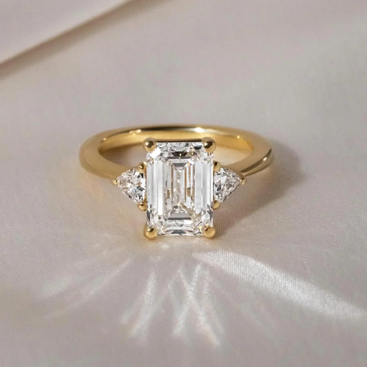 4.50ct emerald cut lab grown diamond ring trillian side stones manilla setting IGI style engagement wedding ring gift for her women bridal jewelry
