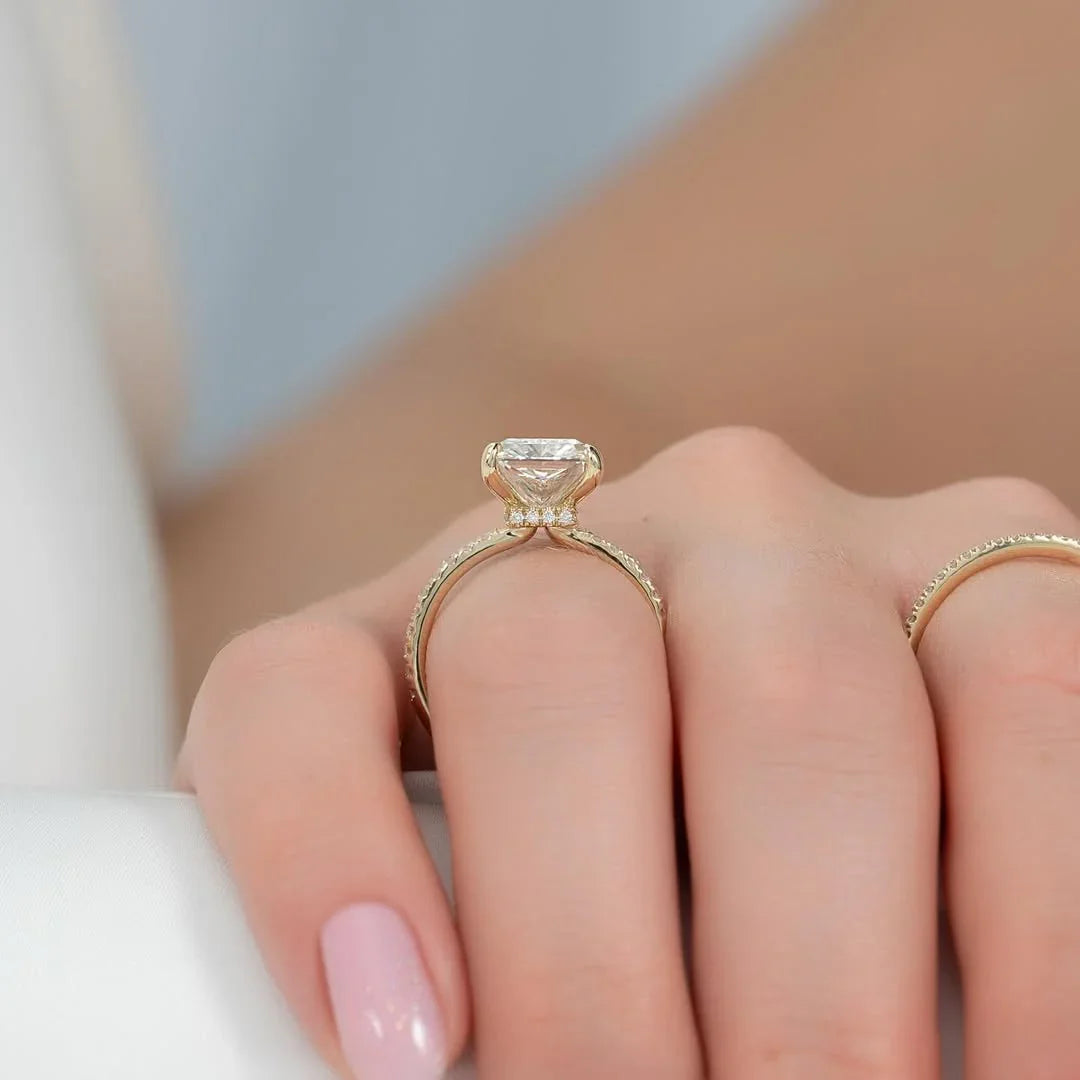Radiant 4.50ct lab grown diamond solitaire ring pavé band hidden halo engagement ring wedding ring bridal jewelry luxury gift for her wife
