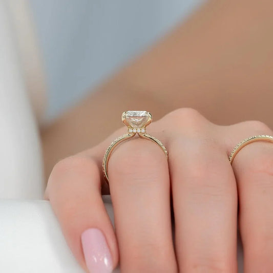 Radiant 4.50ct lab grown diamond solitaire ring pavé band hidden halo engagement ring wedding ring bridal jewelry luxury gift for her wife
