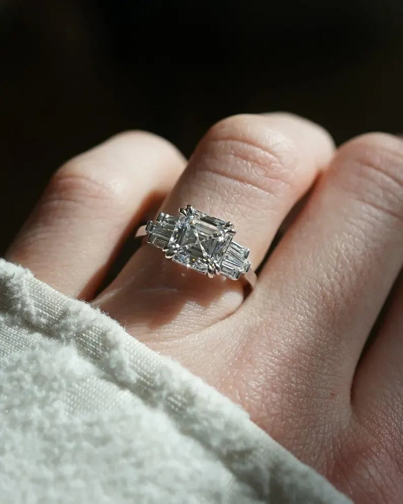 Elegant 4.50 TCW asscher lab grown diamond ring double prong setting IGI certified engagement wedding ring bridal jewelry gift for her wife
