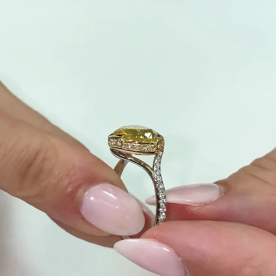 Elegant 4.50 TCW heart fancy yellow lab grown diamond ring cathedral semi bezel hidden halo IGI engagement wedding ring gift for her wife

