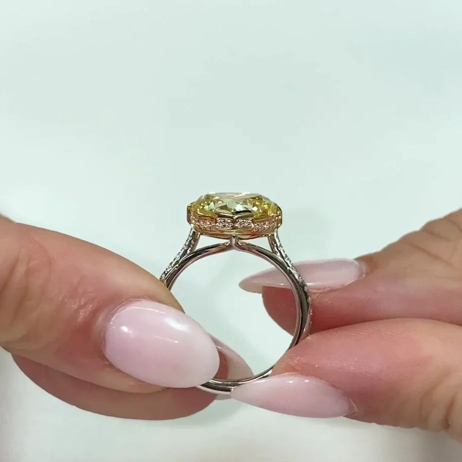 4.50TCW Heart Fancy Yellow Lab Grown Diamond Engagement Ring | Cathedral Semi-Bezel with Hidden Halo | IGI Certified 