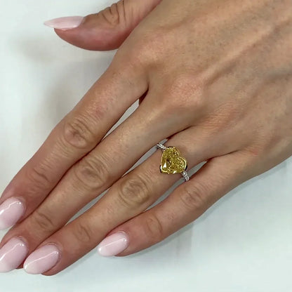 4.50TCW Heart Fancy Yellow Lab Grown Diamond Engagement Ring | Cathedral Semi-Bezel with Hidden Halo | IGI Certified 