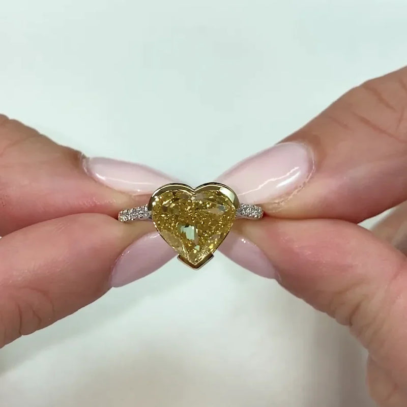 4.00CT Heart Fancy Yellow Lab Grown Diamond Engagement Ring | Cathedral Semi-Bezel with Hidden Halo | IGI Certified