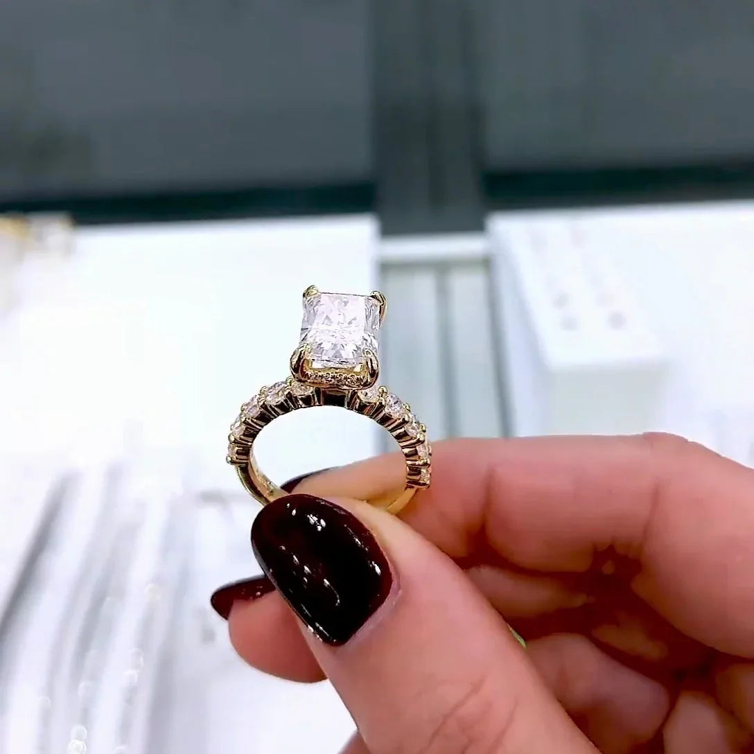 Radiant 4.60 TCW lab grown diamond ring pavé band hidden halo IGI engagement wedding ring bridal jewelry luxury gift for her wife elegant design
