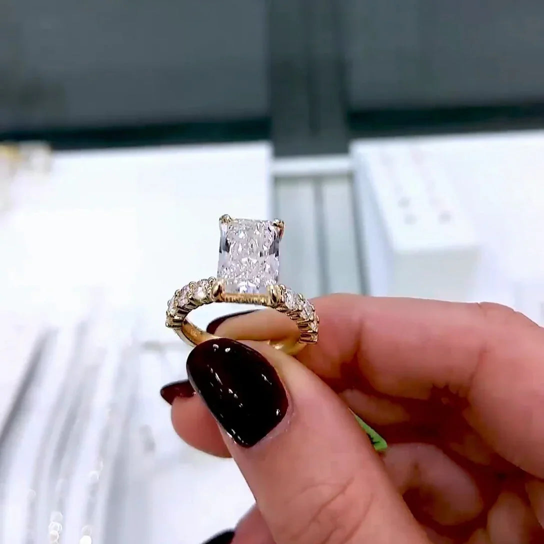 4.60 TCW radiant lab grown diamond IGI engagement ring pavé band hidden halo design wedding ring bridal jewelry luxury gift for her women ring
