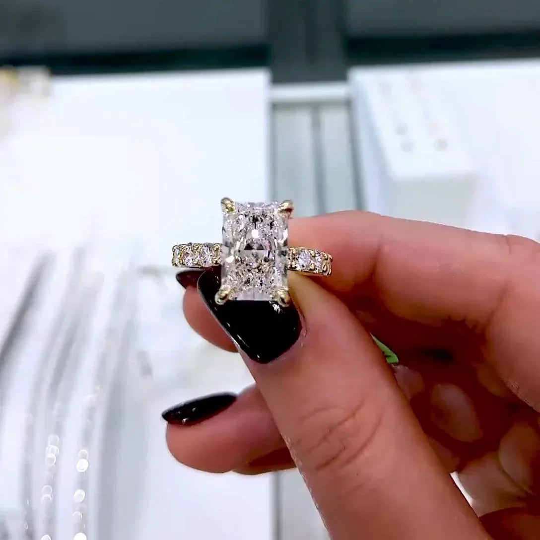 4.00 CT radiant lab grown diamond engagement ring pavé band hidden halo IGI certified wedding ring bridal jewelry luxury gift for her women
