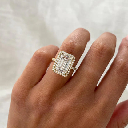 4.70 TCW Emerald Cut Lab Grown Diamond Engagement Ring | Halo & Pavé Band | IGI Certified 