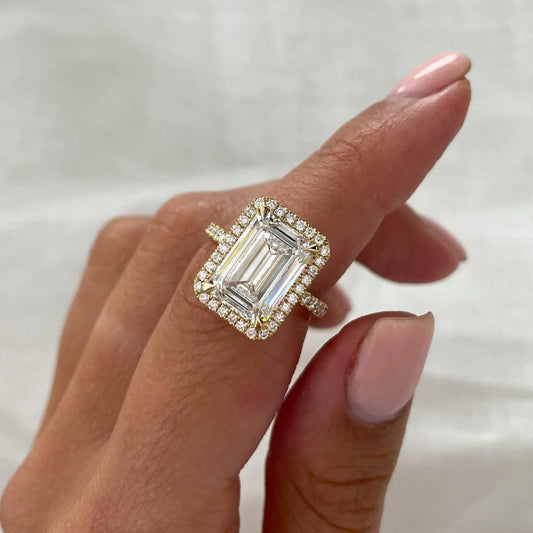 4.70 TCW emerald cut lab grown diamond engagement ring halo pavé band IGI certified wedding ring bridal jewelry luxury gift for her women
