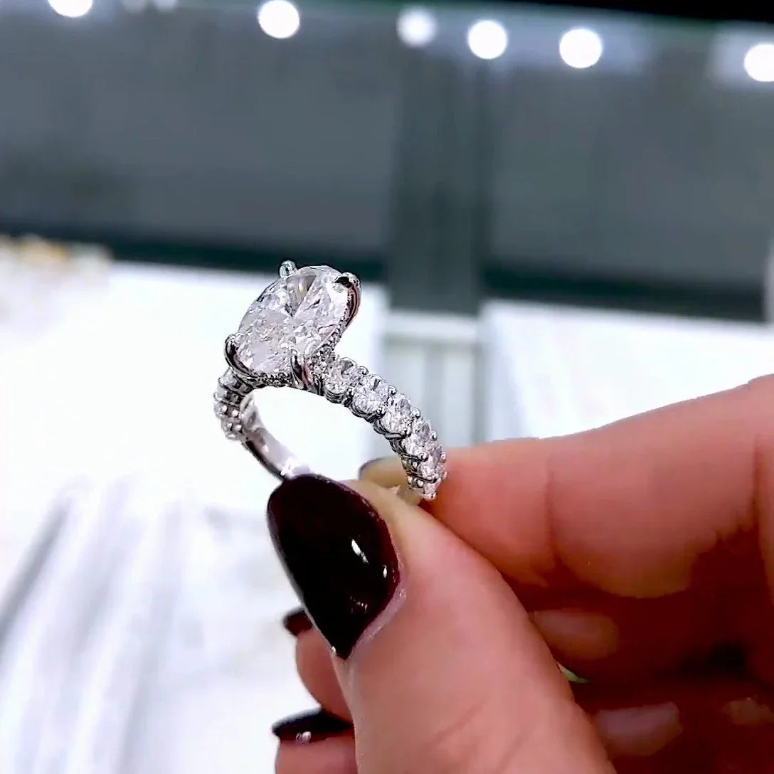 4.80 TCW Oval Lab Grown Diamond Engagement Ring | Hidden Halo & Pavé Band | IGI Certified 