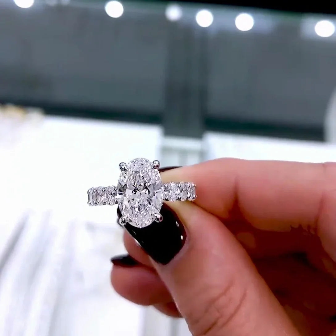4.00 CT oval lab grown diamond engagement ring hidden halo pavé band IGI certified wedding ring bridal jewelry luxury gift for her women

