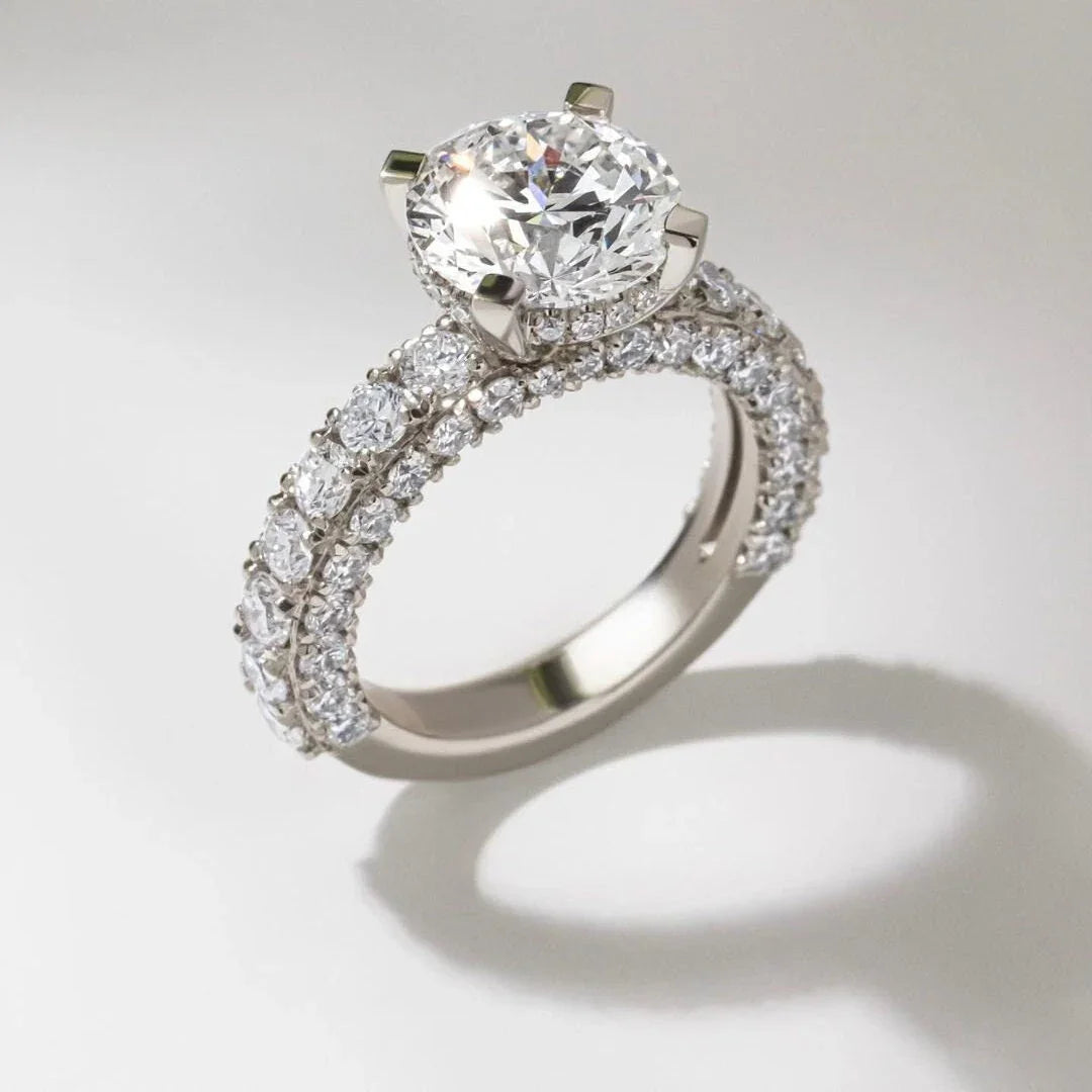 Elegant 4.80 TCW round lab grown diamond ring 2.80 ct center hidden halo pavé band IGI engagement wedding ring bridal jewelry gift for her wife
