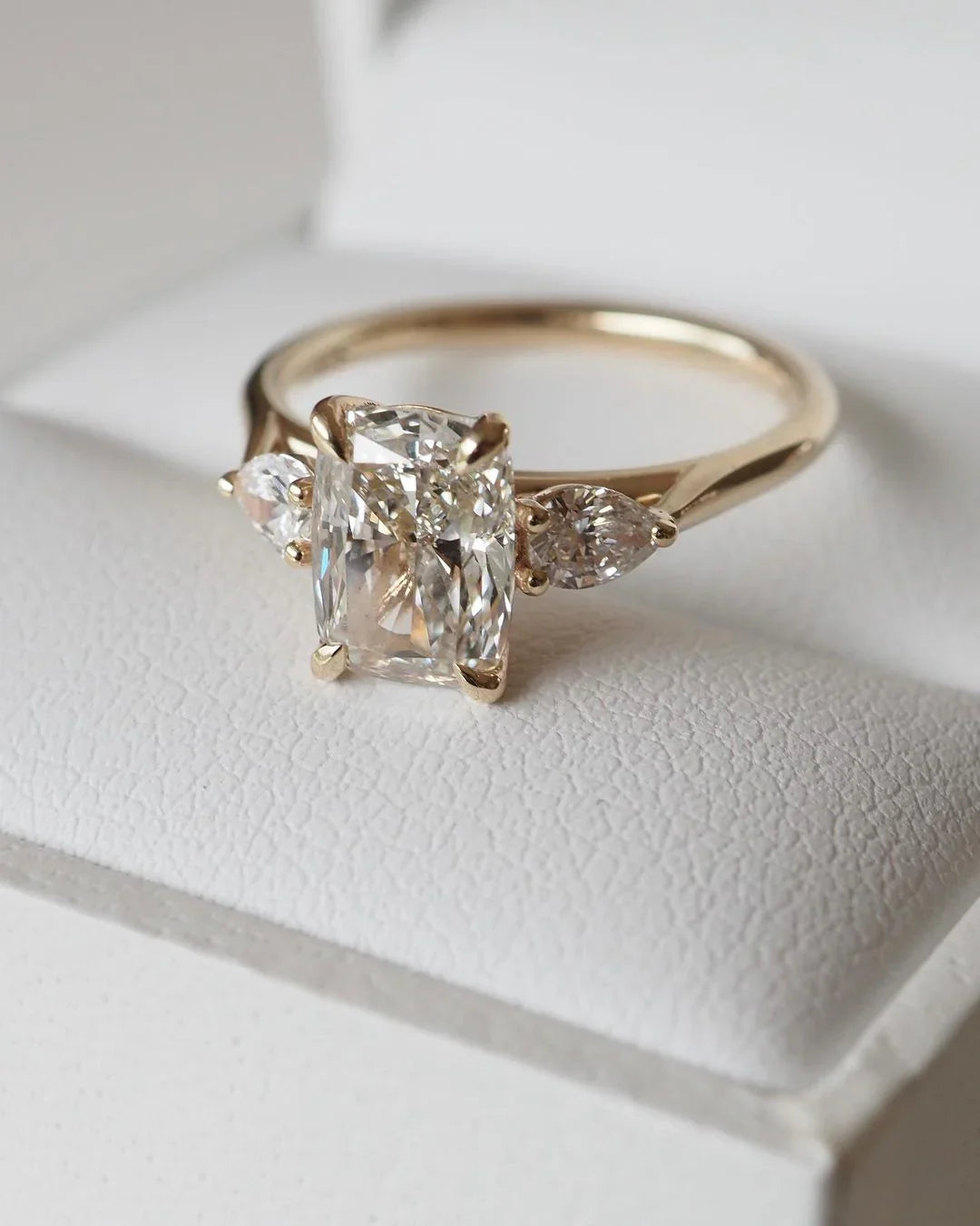4ct cushion cut lab created diamond engagement ring, pear side diamonds, three stone bridal ring, luxury marriage jewelry gift for her