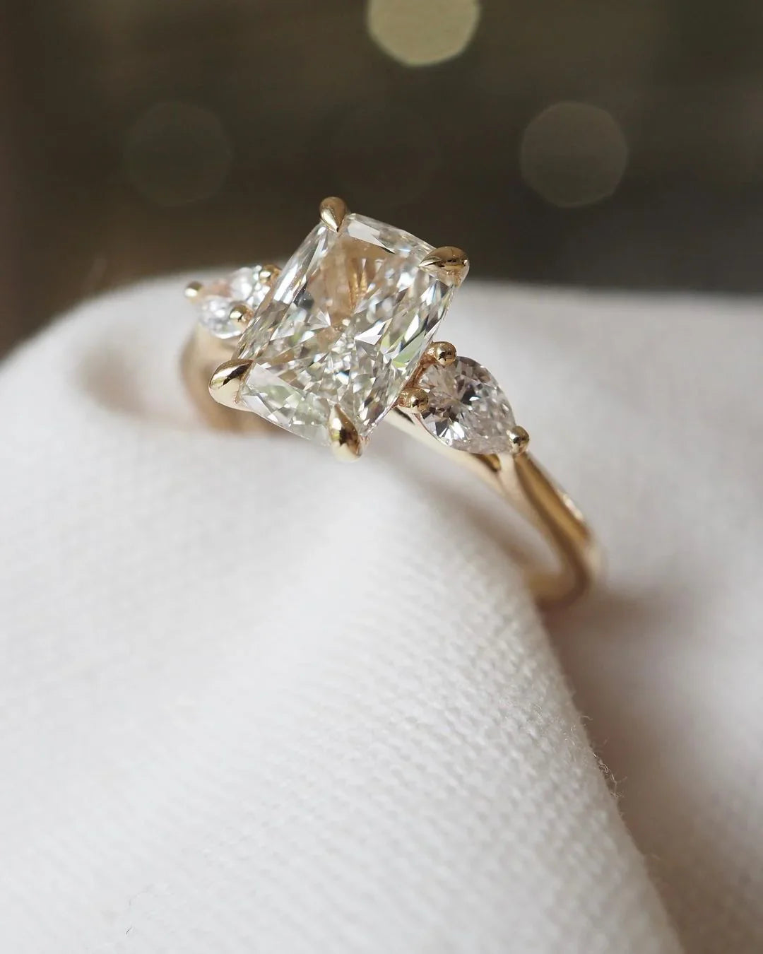 Lab grown cushion cut diamond ring with pear cut side stones, elegant engagement ring, bridal wedding jewelry, promise ring for women