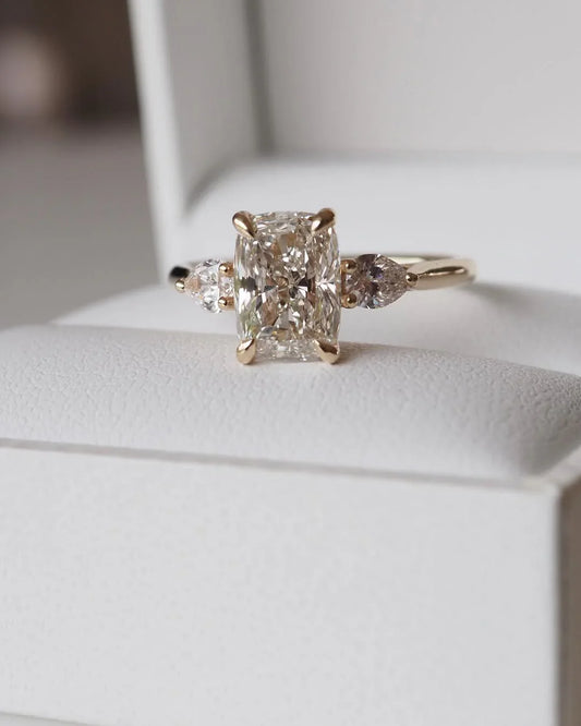 4ct cushion cut lab grown diamond ring with pear side stones, three stone engagement ring, bridal wedding ring, luxury jewelry gift