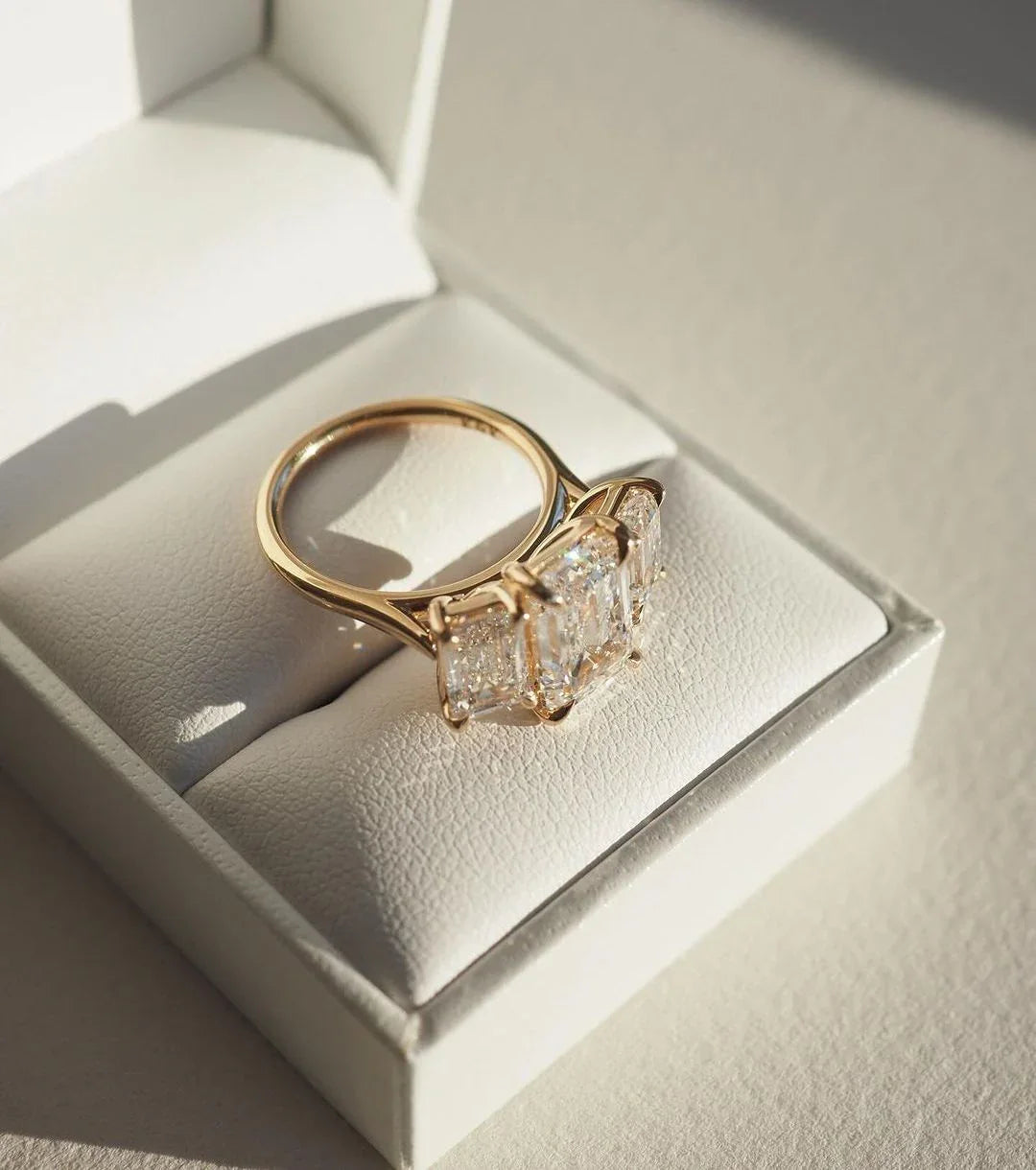 4ct emerald cut lab grown diamond engagement ring, minimalist three stone bridal ring, luxury wedding jewelry for women