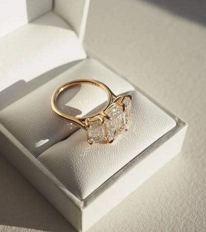 4ct emerald cut lab grown diamond engagement ring, minimalist three stone bridal ring, luxury wedding jewelry for women