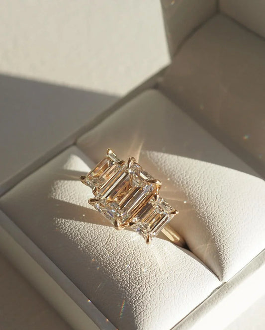 4ct emerald three stone lab grown diamond ring, minimalist engagement ring, bridal wedding jewelry, promise ring gift for women