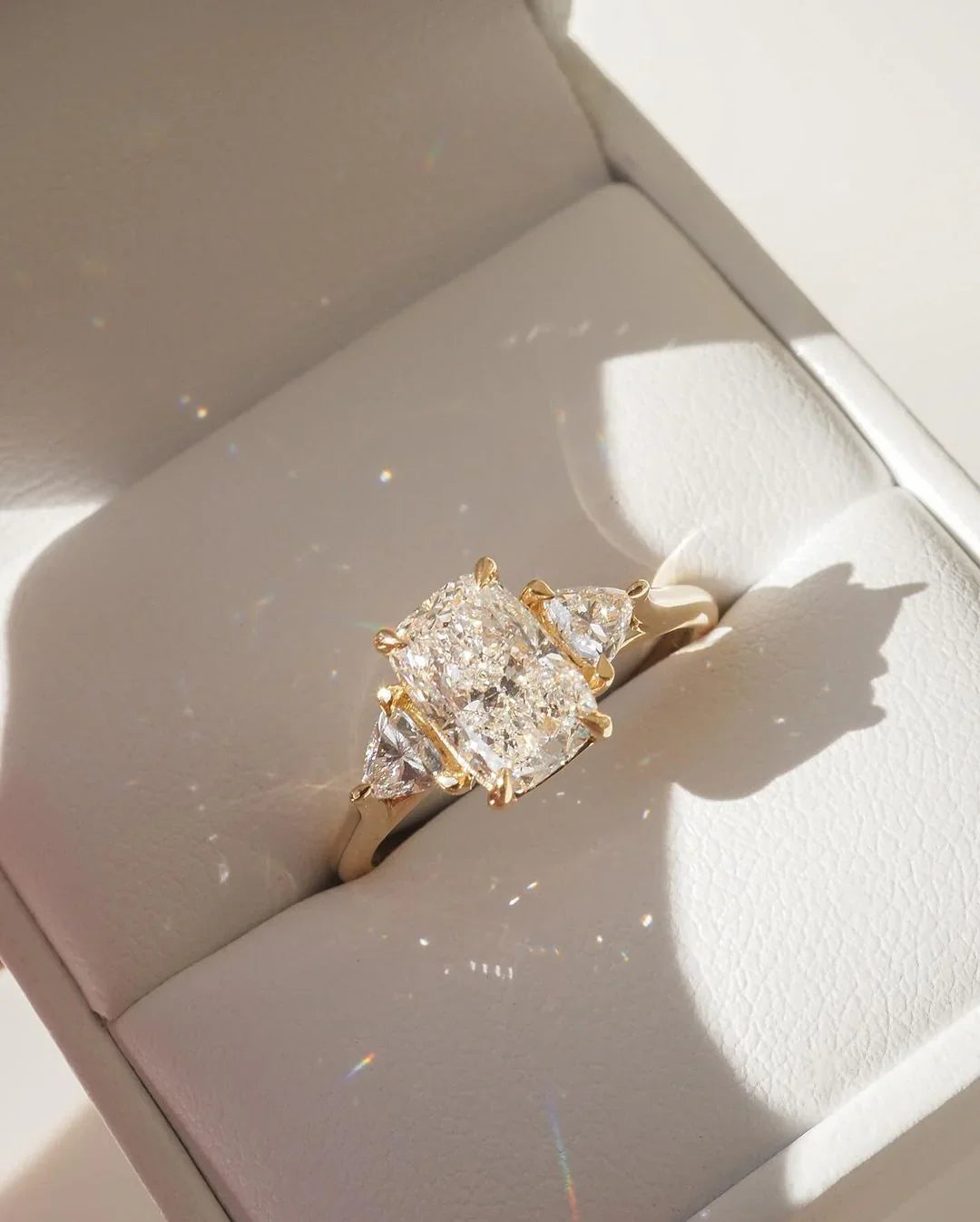4ct radiant cut lab grown diamond ring, kite side stone bridal engagement ring, anniversary promise jewelry for women