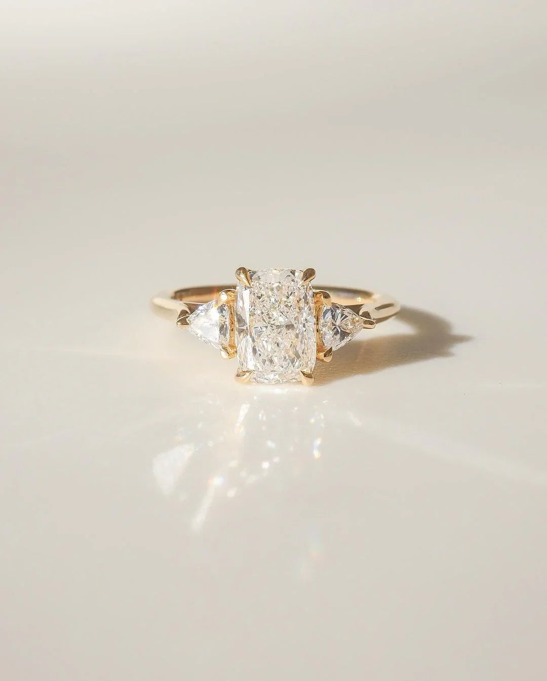 4ct radiant cut lab grown diamond ring with kite side stones, luxury engagement ring, wedding anniversary jewelry for women