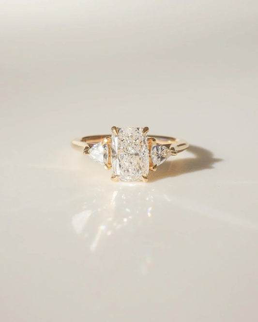 4ct radiant cut lab grown diamond ring with kite side stones, luxury engagement ring, wedding anniversary jewelry for women
