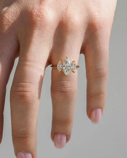 4TCW marquise cut lab grown diamond ring, three stone minimalist engagement ring, anniversary promise ring for women