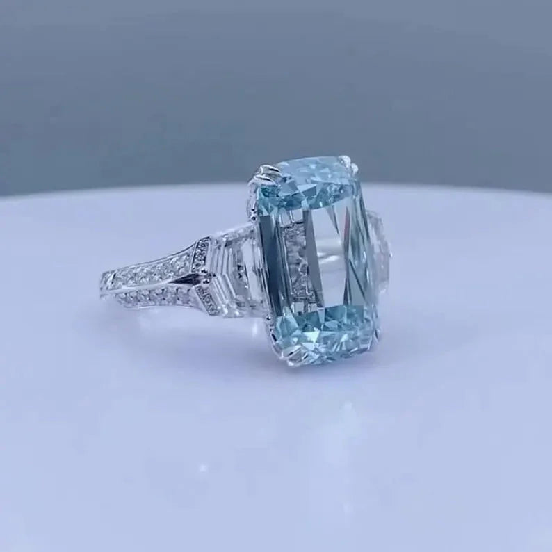 Fancy Blue Emerald Lab Grown Diamond Three Stone Engagement Ring 6.50 TCW IGI Certified Luxury Bridal Wedding Jewelry Gift for Her Women Elegant