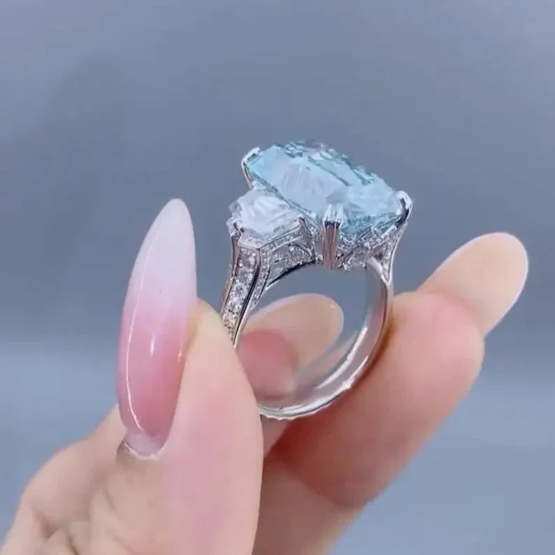 .50 TCW Fancy Blue Emerald Lab Grown Diamond Engagement Ring | Three Stone Ring | IGI Certified 