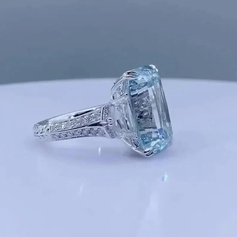 .50 TCW Fancy Blue Emerald Lab Grown Diamond Engagement Ring | Three Stone Ring | IGI Certified 
