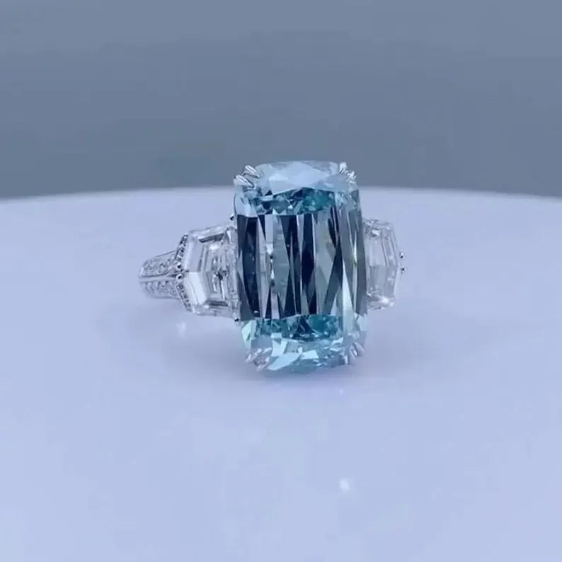 .50 TCW Fancy Blue Emerald Lab Grown Diamond Engagement Ring | Three Stone Ring | IGI Certified 