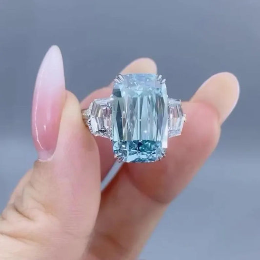 .50 TCW Fancy Blue Emerald Lab Grown Diamond Engagement Ring | Three Stone Ring | IGI Certified 