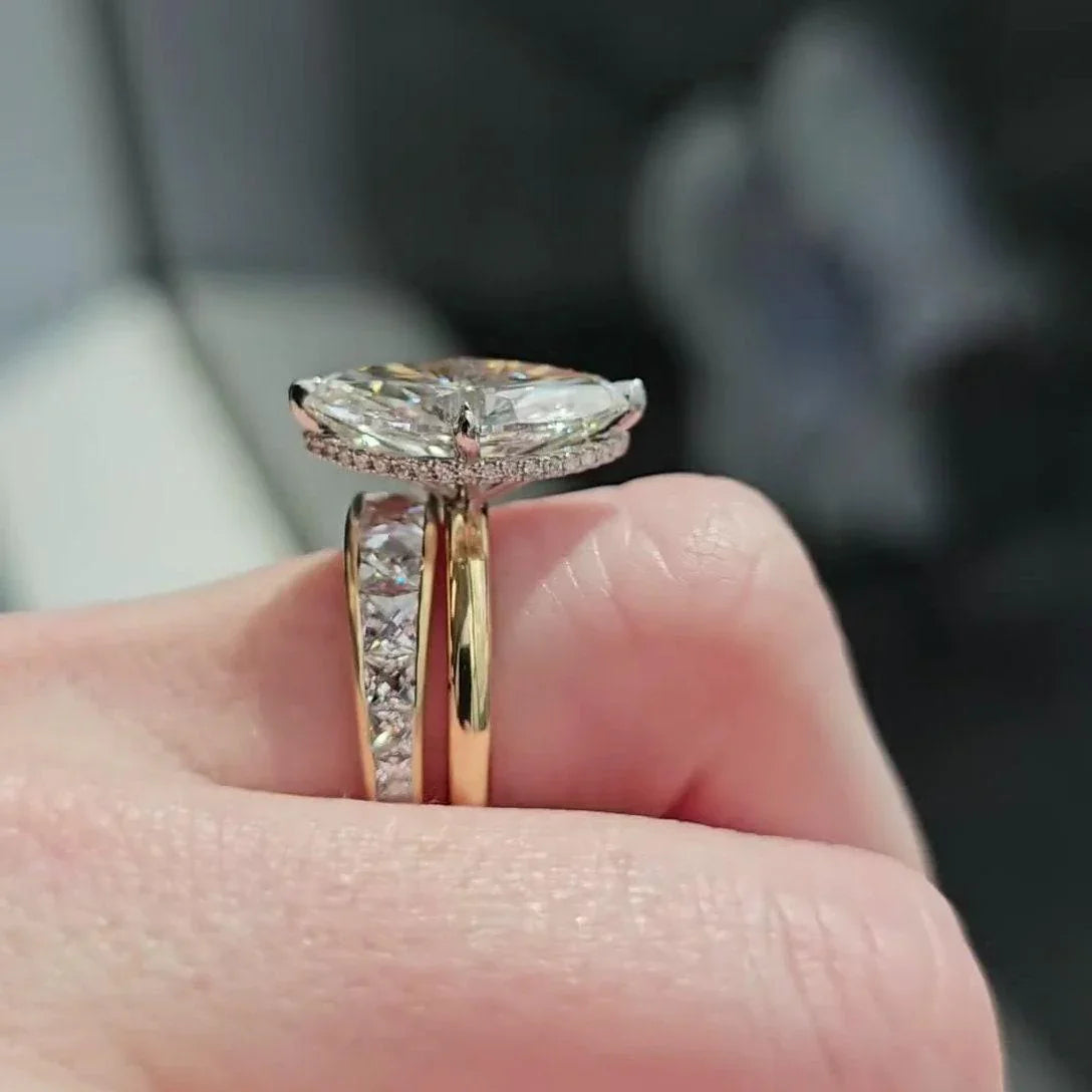 Hidden halo marquise diamond engagement ring 5CT, lab grown diamond bridal ring, two tone gold jewelry for her
