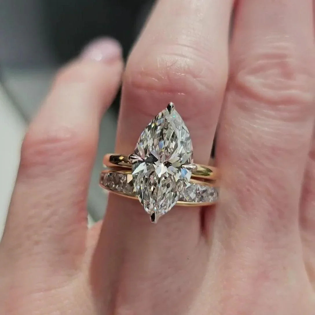 5.00 CT marquise lab grown diamond engagement ring, hidden halo design, two tone gold, IGI certified bridal jewelry