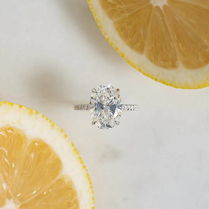 5.00 CT IGI certified oval lab grown diamond ring, solitaire setting with pavé band, luxury bridal ring for women