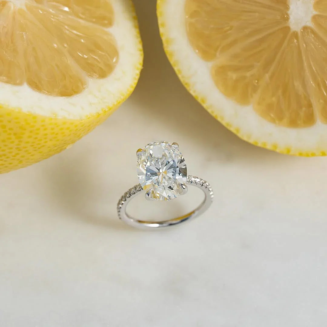 Oval cut lab grown diamond solitaire engagement ring 5CT, pavé band, IGI certified anniversary jewelry gift for her