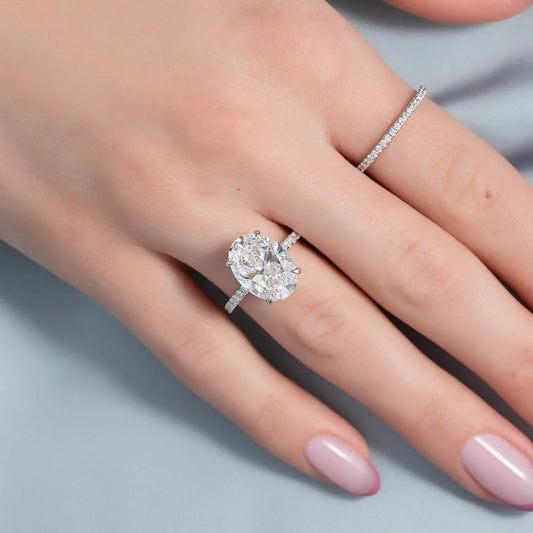 5.00 CT oval cut lab grown diamond solitaire ring, pavé band engagement ring, IGI certified bridal jewelry for women