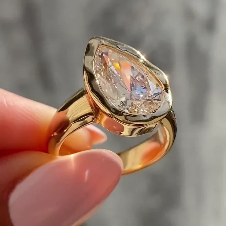 Pear cut lab grown diamond engagement ring 5CT, bezel solitaire setting, IGI certified bridal wedding ring for her