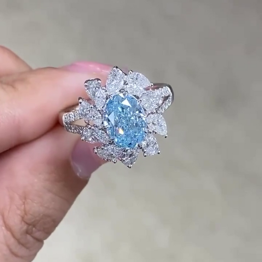 5.00 TCW Fancy Blue Oval Lab Grown Diamond Engagement Ring | Halo Ring | IGI Certified 