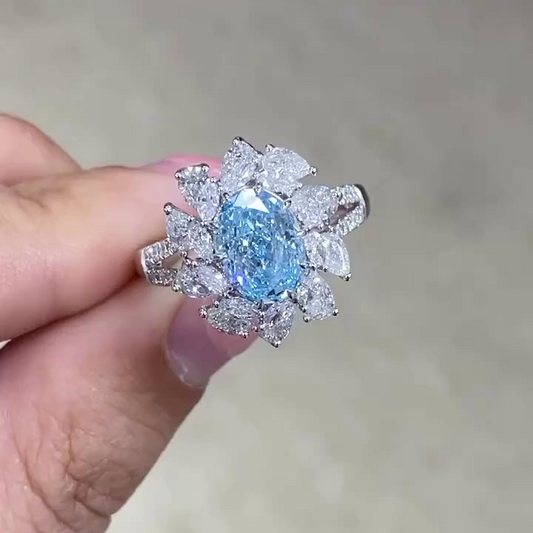 5.00 TCW Fancy Blue Oval Lab Grown Diamond Engagement Ring | Halo Ring | IGI Certified 