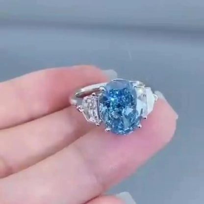 5.00 TCW IGI certified blue oval lab grown diamond ring, three stone bridal engagement ring for women