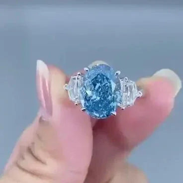 5.00 TCW Fancy Blue Oval Lab Grown Diamond Engagement Ring | Three Stone Ring | IGI Certified 