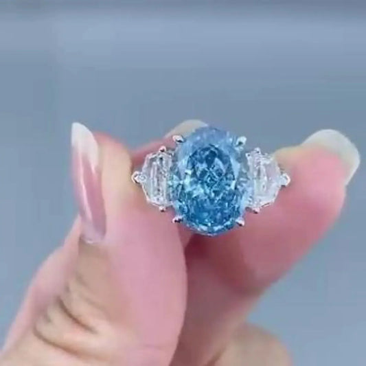 5.00 TCW fancy blue oval lab grown diamond engagement ring, three stone setting, IGI certified bridal jewelry for women