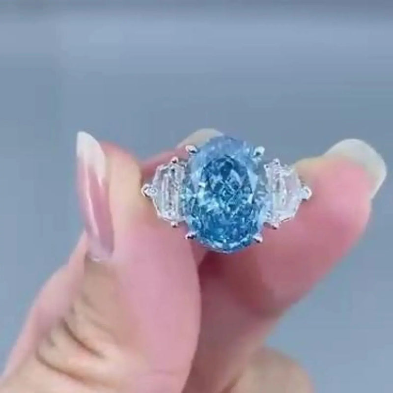 3.50 CT Fancy Blue Oval Lab Grown Diamond Engagement Ring | Three Stone Ring | IGI Certified