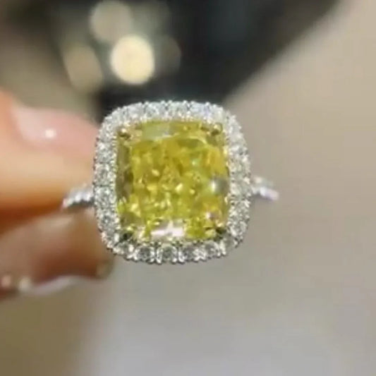 5.00 TCW fancy yellow cushion lab grown diamond engagement ring, halo design, IGI certified bridal jewelry for women